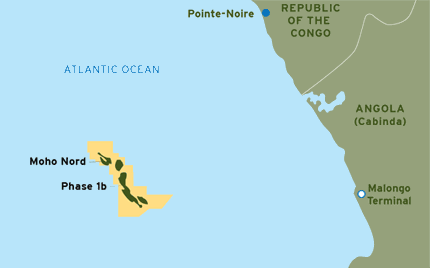The Moho Bilondo area. The licensed one is depicted in yellow, while the green part is where the oil fields are located